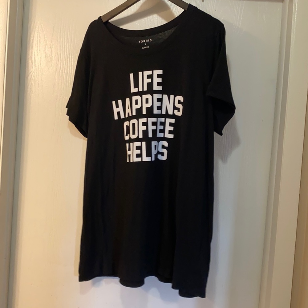 Black “life happens coffee helps” T-shirt